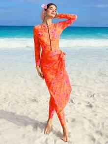 Swim Shayni 女士印花长袖拉链连体泳衣套装，含罩衫和裙子，度假款 - 橘色 - 查看 3