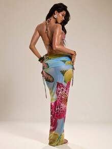 SHEIN BAE 女士三件套泳衣，性感挂脖金属银色装饰系带软杯低腰褶皱长裙泳装 - 彩色 - 查看 5