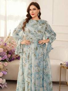 Modelyn 大码女士优雅印花收腰连衣裙 - 藍色 - 查看 3