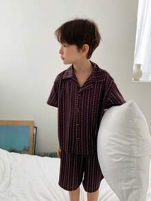 Dazy Kids Tween Boy All-Over Print Single-Breasted Short Sleeve Top And Shorts Casual Loungewear Pajama Set Summer - Brown - View 3