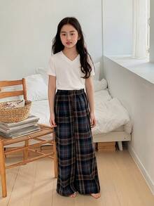 Dazy Kids 少女纯色V领短袖上衣和格子裤休闲睡衣套装（夏季款） - 白色 - 查看 4