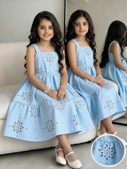 Elladie kids Vestido azul casual de moda para niñas jóvenes, de tela de tejido sólido azul cielo con calado, vestido de parches sin mangas con cintura, adecuado para niñas jóvenes, moda casual, cómodo de llevar, apropiado para la escuela diaria, salidas, vacaciones, fotos en la playa, fiestas y atuendos festivos, adecuado para vestidos de verano azul cielo para niñas, vestidos de sol para niños, vestidos de verano azul para niñas, conjunto azul de verano con vuelo para niños