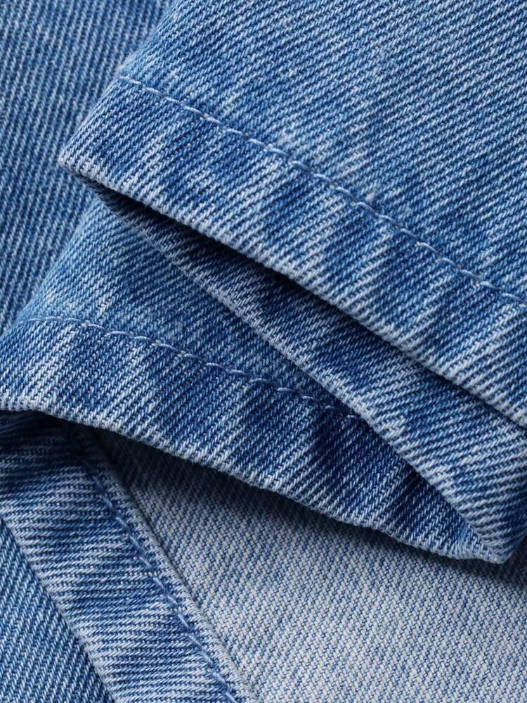 Women's Round Neck Sleeveless Pocket Decor Open Front Casual Washed Denim Blouse