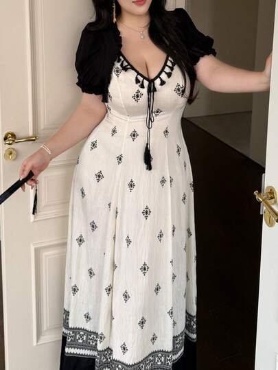 Vibekara Plus Size Women Floral Print Fringe Trim Long Sleeve Dress Plus Size Dress Boho Maxi Dress