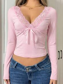 SHEIN EZwear 女士浅粉色撞色蕾丝长袖修身针织T恤，适合情人节穿着 - 淺粉色 - 查看 5