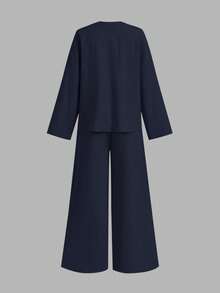 Firerie 女士两件套：优雅休闲前系带宽松衬衫和高腰松紧腰阔腿裤，商务休闲女士 - 藏蓝色 - 查看 7