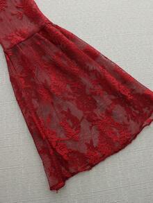 Olithes Đầm chữ A cổ đứng tay chuông ren đính kim cương gợi cảm, thích hợp cho mùa xuân/hè và các bữa tiệc dịp năm mới. - Đỏ - Xem 4