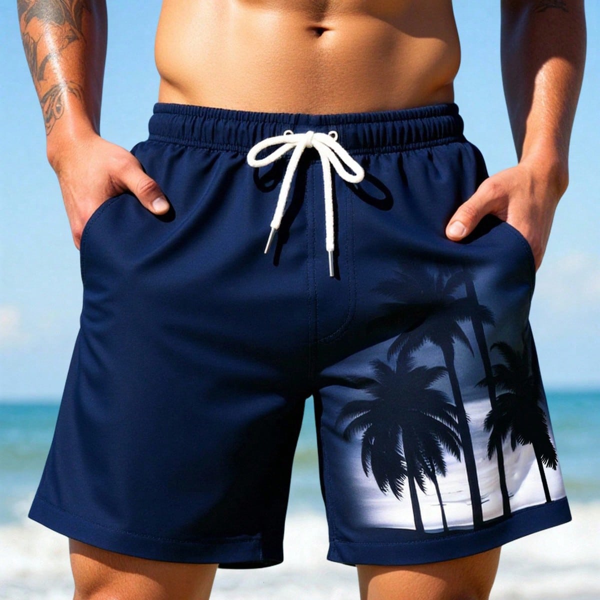 Pantalones cortos de playa con cordón en la cintura y estampado tropical de árboles de coco para hombres, pantalones cortos de natación con estampa