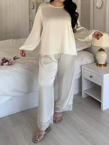 Dazy Plus Plus Size Women Lace Patchwork Crew Neck Long Sleeve Top And Wide Leg Pants Casual Loungewear Set - White - View 5