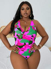 Slaydiva Traje de baño de una pieza con estampado de camuflaje para tallas grandes, ideal para vacaciones en la playa - Multicolor - Ver 3