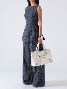 LYSMO Bộ đồ nữ thường ngày họa tiết kẻ caro gồm áo hai dây và quần dài, thích hợp cho mùa hè. - Màu xanh hải quân - Xem 3