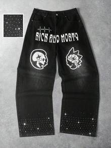 Rick and Morty X SHEIN Men's Pocket Button Letter Graphic Casual Versatile Daily Wear Wide Leg Jeans - Black - View 1