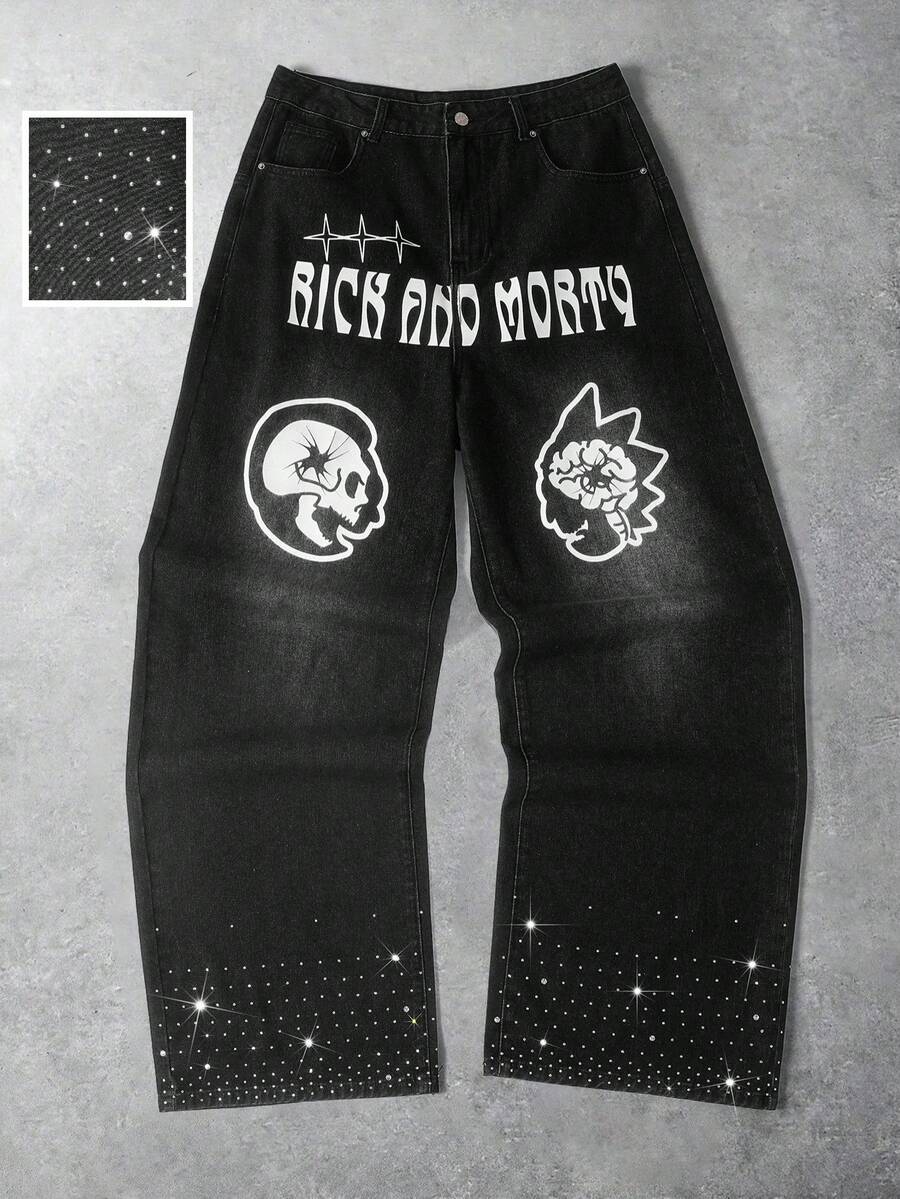 Rick and Morty X SHEIN Men's Pocket Button Letter Graphic Casual Versatile Daily Wear Wide Leg Jeans - Black - View 1