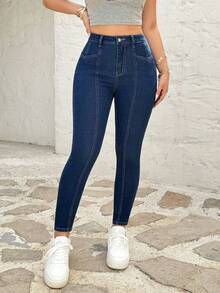 Rivivi 女士时尚休闲百搭弹力修身牛仔裤 - 深色水洗藍 - 查看 4