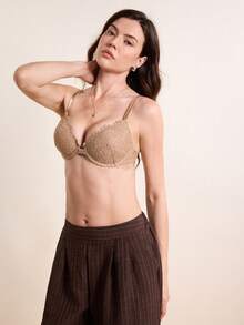 Hourtrue 蜜桃女孩咖啡棕色性感蕾丝前扣文胸，女士薄杯舒适透气提拉钢圈文胸 - 咖啡棕 - 查看 8
