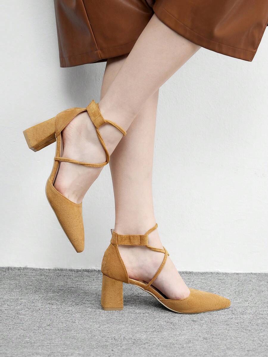 CUCCOO BIZCHIC 女士时尚杏色交叉绑带魔术贴尖头粗跟高跟鞋，适合通勤、约会、派对、节日、婚礼、情人节、春假、复活节、舞会等场合。 - 駝色 - 查看 1