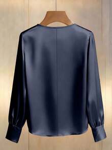 Franclia Áo kiểu nữ màu sâm panh cổ chữ V tay dài đính ngọc trai, chất liệu satin, thích hợp cho công sở và mặc hàng ngày. - Xanh đậm - Xem 2