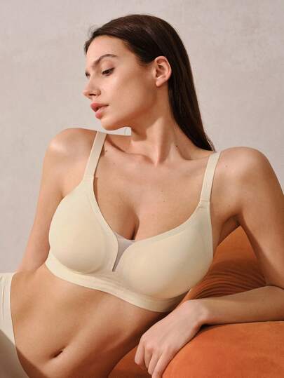 1pc Sexy V-Neck Mesh Women's Lingerie, Solid Color Casual & Comfortable, Extremely Simple Style Summer Innerwear, Stretchy & Breathable Fabric, Cup Coverage