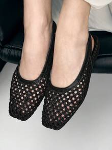 Mnmlis Women's New Fashion Woven Hollow Slip-On Flat Square Toe Loafers - Black - View 2