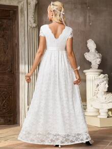 SHEIN Đầm bầu cổ chữ V tay ngắn thắt eo ren thanh lịch - trắng - Xem 6