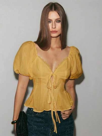 ATUI Studio Sweetheart Collar Puff Sleeve Fashionable Waist Tie Blouse