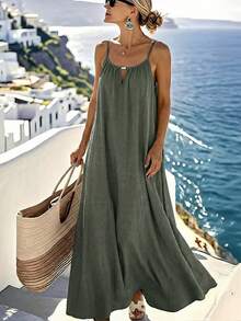 Selianne 女士无袖金属扣A字连衣裙，休闲日常穿着，时尚度假连衣裙 - 軍綠色 - 查看 6