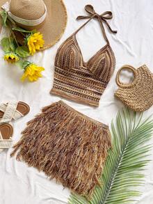 Soleia Women's V-Neck Halter Tie Backless Crop Top And Fringe Hem Mini Skirt 2 Piece Set, Suitable For Party, Christmas, Date Night, Nightclub, Bohemian, Boho, Vacation, Fall - Multicolor - View 5