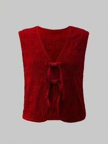 SHEIN 少女纯色系带吊带背心和裤子度假休闲套装 - 紅色 - 查看 6