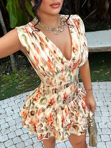 SHEIN SXY Floral Print Vacation Cake Mini Skirt Sundress - Multicolor - View 1