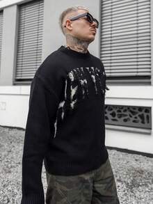 Artur Kramer 男士休闲字母做旧圆领长袖毛衣，秋冬 - 黑色 - 查看 5