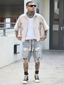 Devon Thys 男士罗马肖像印花短袖单排扣休闲衬衫 - 杏色 - 查看 4