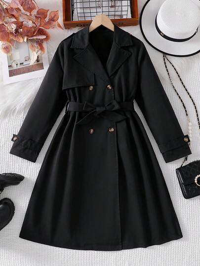 SHEIN 1pc Fashionable Girls' Black Woven Lapel Double-Breasted Belted Long Jacket, Suitable For Spring, Autumn And Winter, Outdoor, Travel, Street Style, Casual, Home, And Commuting