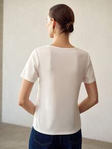 MOTF PREMIUM CAMISETA DE MUJER CON CUELLO EN V DE ENCAJE CONTRASTANTE Y MANGA CORTA - Blanco - Ver 4
