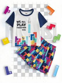 Tetris™ X SHEIN Young Boy Contrast Color Geometric Print Short Sleeve Top And Shorts Pajama Set - White - View 1