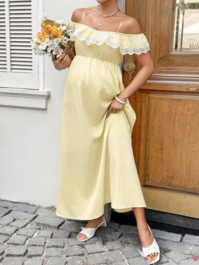 SHEIN Maternity Clothes Maternity  Dress Summer Pregnant Clothes Comfortable Yellow Maternity Dress With Off-The-Shoulder Design For Vacations Pregnant Women's Summer Romantic Elegant Resort Style Contrast Lace Detachable Transparent Strap Dress