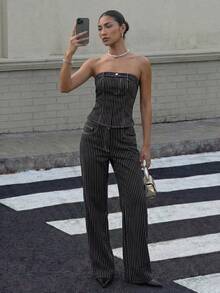 Muchica Two-Piece Set: Strapless Denim Top + Low-Waisted Straight-Leg Pants, Black And White Striped Casual Suit,Y2K Style Streetwear - Black - View 1