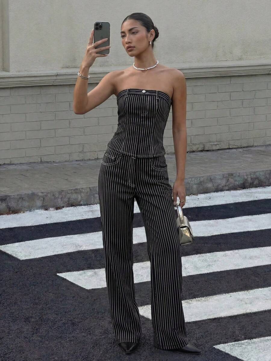 Muchica Two-Piece Set: Strapless Denim Top + Low-Waisted Straight-Leg Pants, Black And White Striped Casual Suit,Y2K Style Streetwear - Black - View 1