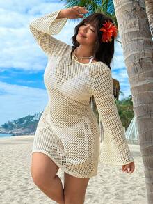 SHEIN EZwear Plus Size Women's White Boho Crochet Beach Cover Up,Solid Color Round Neck Long Sleeve Hollow Out Dress,Elegant Holiday Swimsuit For Autumn Vacation - Beige - View 6