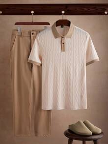 Manfinity CasualCool Men's Casual Daily Polo Shirt Set Beige Men Outfit Men Buttoned Knitted Polo Apricot Men Outfit Cream Outfit Men - Apricot - View 3