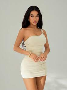 SHEIN PETITE Đầm lệch vai, cổ xếp ly, dáng đuôi cá, đính trâm cài màu vàng, thích hợp cho đám cưới mùa thu hoặc dự tiệc. - Màu be - Xem 6