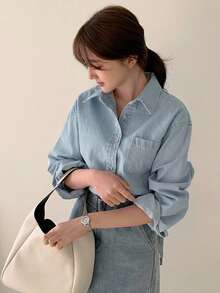 Dazy Tall Áo khoác denim dài tay cổ bẻ dáng suông cho nữ cao - Rửa nhẹ - Xem 3