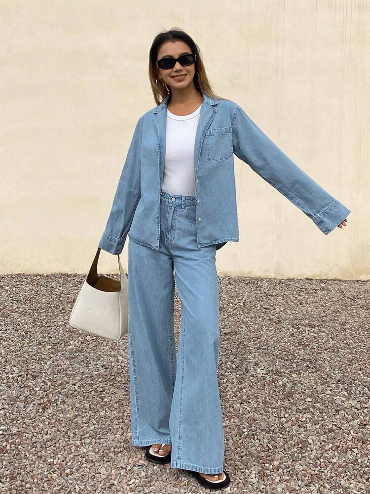 Women's Loose Collar Shirt And Straight Leg Jeans Casual Suit