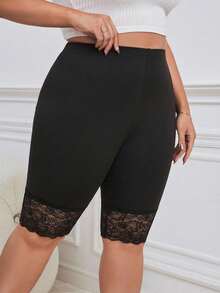 SHEIN Essnce Quần legging Bermuda ôm sát, phối ren, đa năng, thích hợp mặc hàng ngày, dành cho nữ cỡ lớn. - màu đen - Xem 4