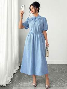 Elenzga 大码女装畅销款法式优雅蝴蝶结领收腰A字短袖连衣裙，适合日常通勤、约会、旅行、拍照和休闲外出。 - 藍色 - 查看 5