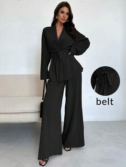 Firerie Damen elegant-lässiger Urlaubs-Büro-Pendelverkehr Jacken-Hosen Set mit Kragen, Taillenbindung, locker geschnitten, für Herbst und Sommer geeignet