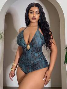 Slaydiva Áo tắm liền thân cỡ lớn in kỹ thuật số nhiều màu sắc, dây mảnh, cổ yếm, hở lưng, khoét eo, phong cách tối giản gợi cảm cho kỳ nghỉ biển. - Nhiều màu - Xem 4