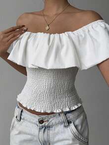 Olithes Off-The-Shoulder Pleated Layered Fitted Top - White - View 4
