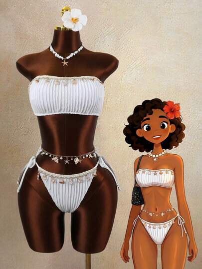 Zestiva 新款女士白色特殊面料贝壳装饰抹胸比基尼套装