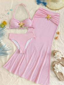 SHEIN Tween Girl Vacation 3pcs Blue Starfish Metal Button Bikini 3 Pieces Set, Beach Holiday Light Pink Two Piece Set Two Piece Bathing Suit Girls Two Piece Bathing Suit Girls Light Pink Mermaid Tail Skirt Long Skirt 2 Piece Set Pink Skirt Set - Pink - View 12