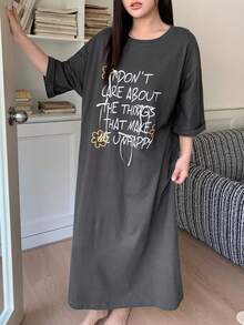 Dazy Plus 休闲字母印花圆领直筒宽松短袖睡裙，春夏女童睡衣 - 深灰色 - 查看 9